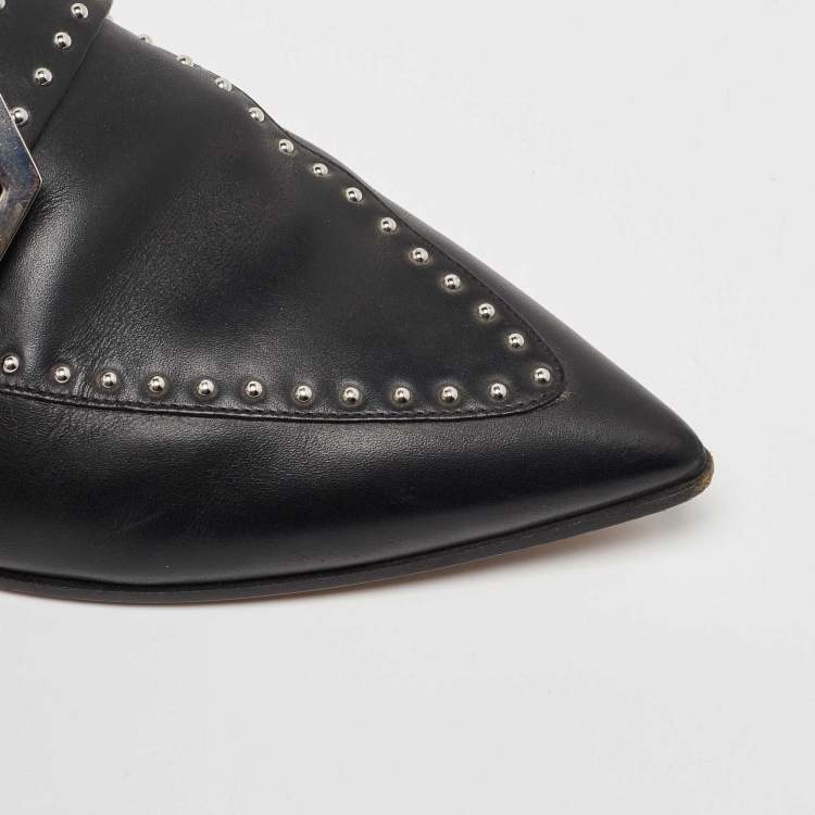 مملوكة مسبقًا Givenchy Black Studded Leather Buckle Logo Detail Flat Mules Size 38.5