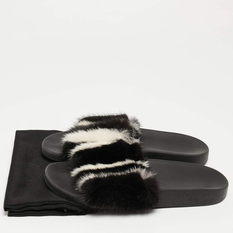Pre Owned Givenchy Black/White Mink Fur Flat Slides Size 39