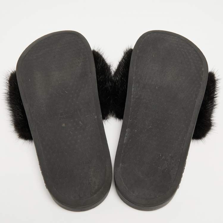 Pre Owned Givenchy Black/White Mink Fur Flat Slides Size 39