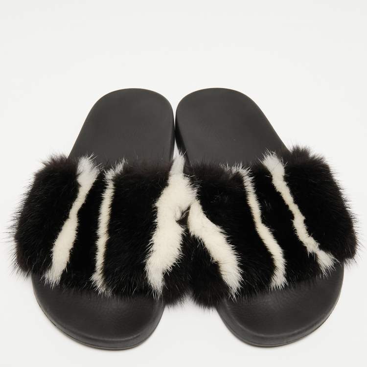 Pre Owned Givenchy Black/White Mink Fur Flat Slides Size 39