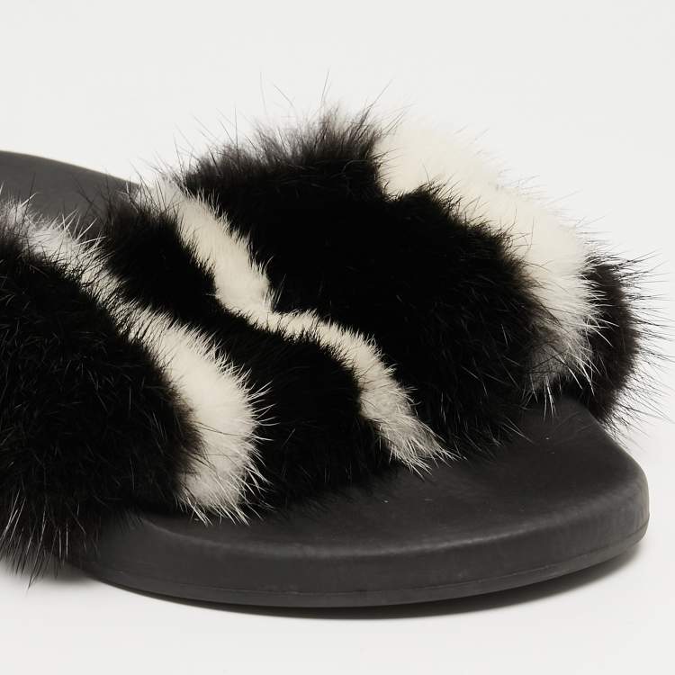 Pre Owned Givenchy Black/White Mink Fur Flat Slides Size 39