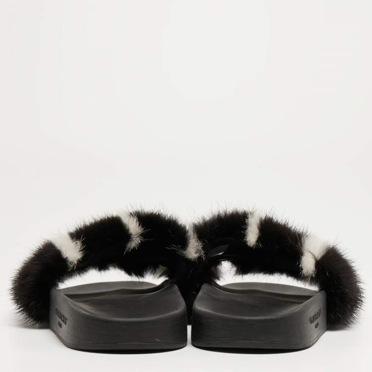 Pre Owned Givenchy Black/White Mink Fur Flat Slides Size 39