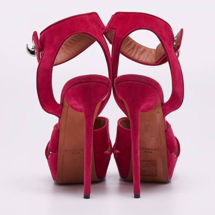 Pre Owned Givenchy Fuchsia Suede Shark Tooth Ankle Strap Platform Sandals Size 40