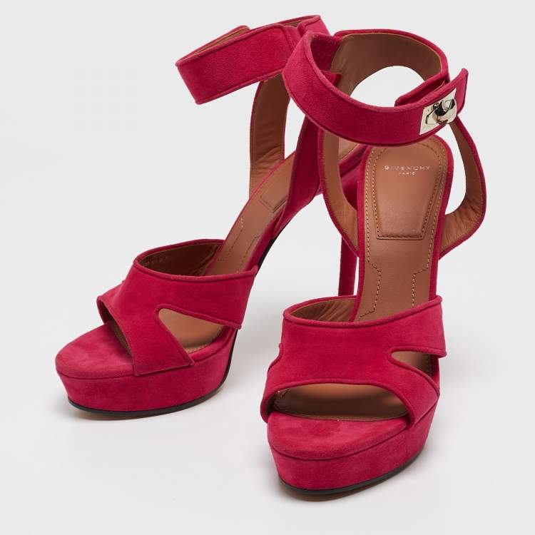 Pre Owned Givenchy Fuchsia Suede Shark Tooth Ankle Strap Platform Sandals Size 40