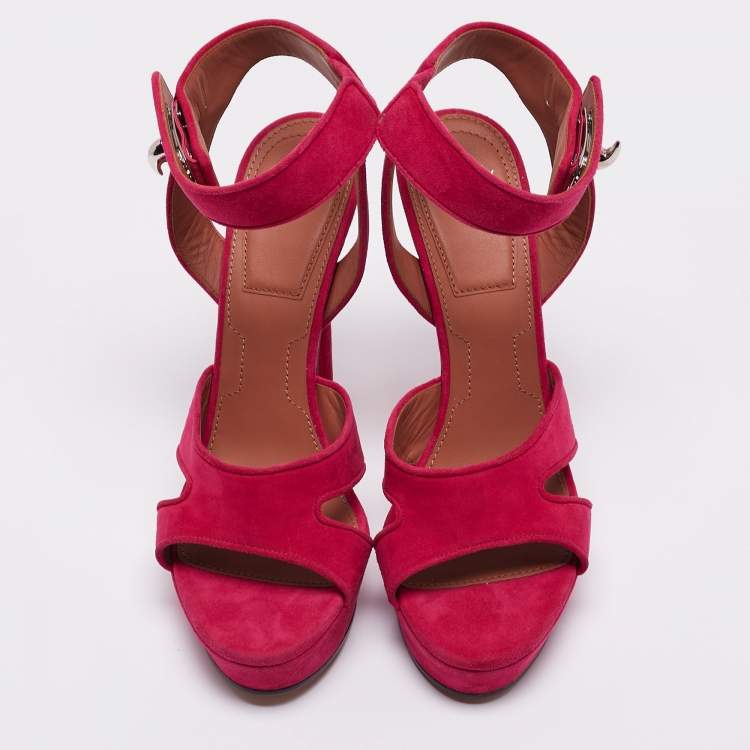 Pre Owned Givenchy Fuchsia Suede Shark Tooth Ankle Strap Platform Sandals Size 40