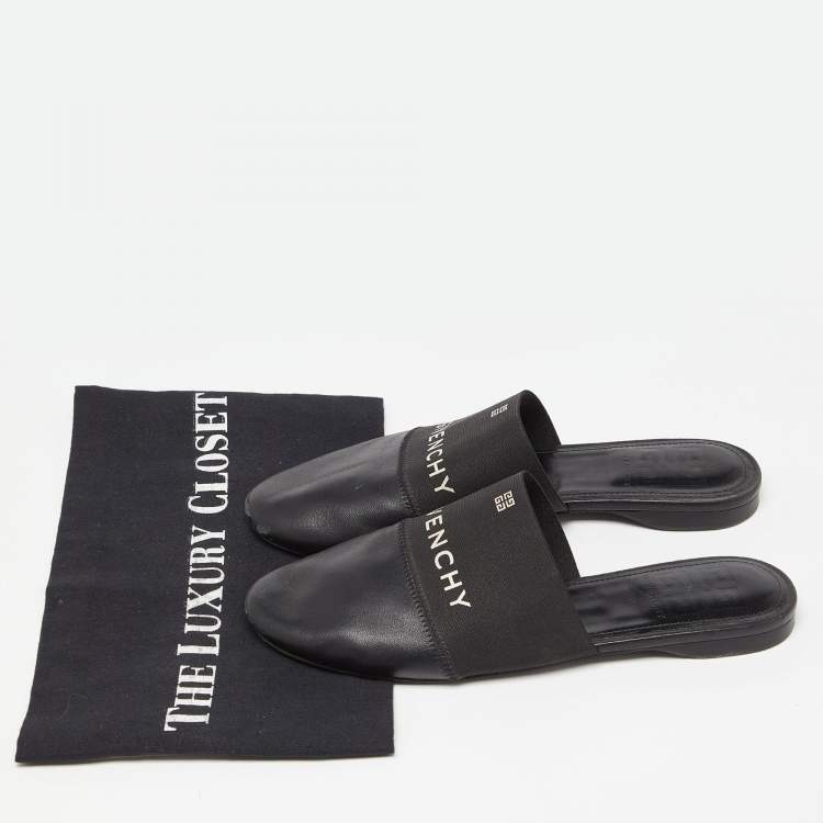 Pre Owned Givenchy Black Leather and Elastic Logo Flat Mules Size 36