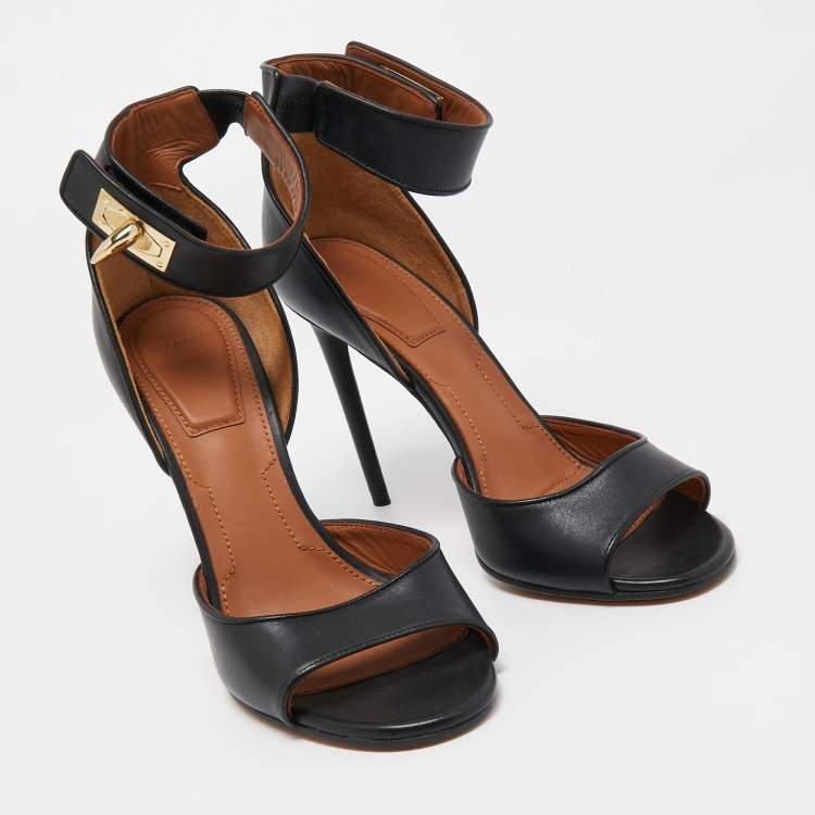 Pre Owned Givenchy Black Leather Shark Lock Sandals Size 38.5