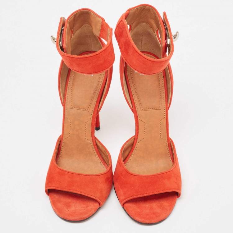 Pre Owned Givenchy Orange Suede Shark Lock  Ankle Strap Sandals Size 38