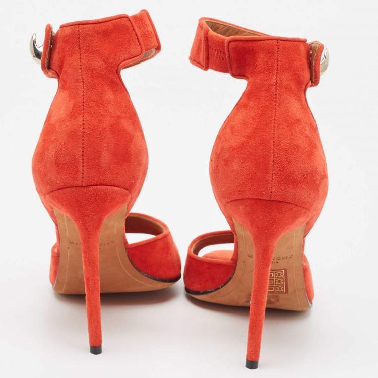Pre Owned Givenchy Orange Suede Shark Lock  Ankle Strap Sandals Size 38