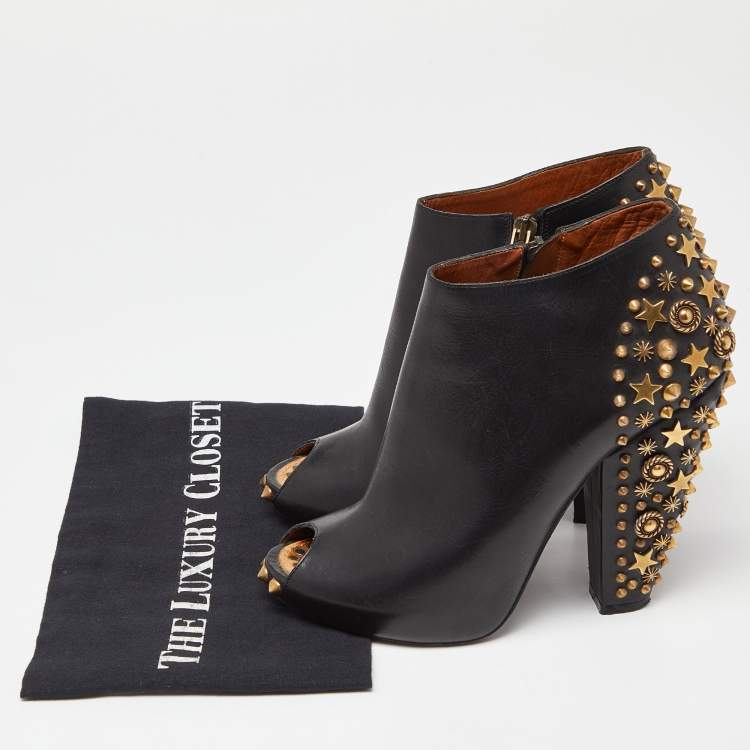 Pre Owned Givenchy Black Leather Studded Peep Toe Ankle Booties Size 38.5