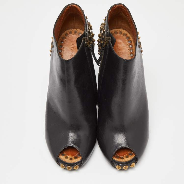 Pre Owned Givenchy Black Leather Studded Peep Toe Ankle Booties Size 38.5