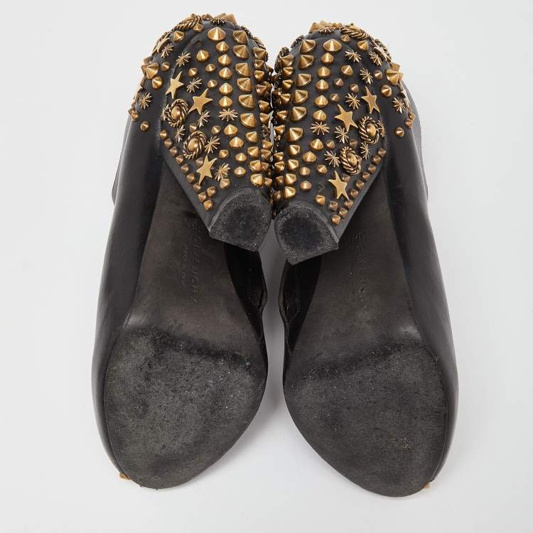 Pre Owned Givenchy Black Leather Studded Peep Toe Ankle Booties Size 38.5