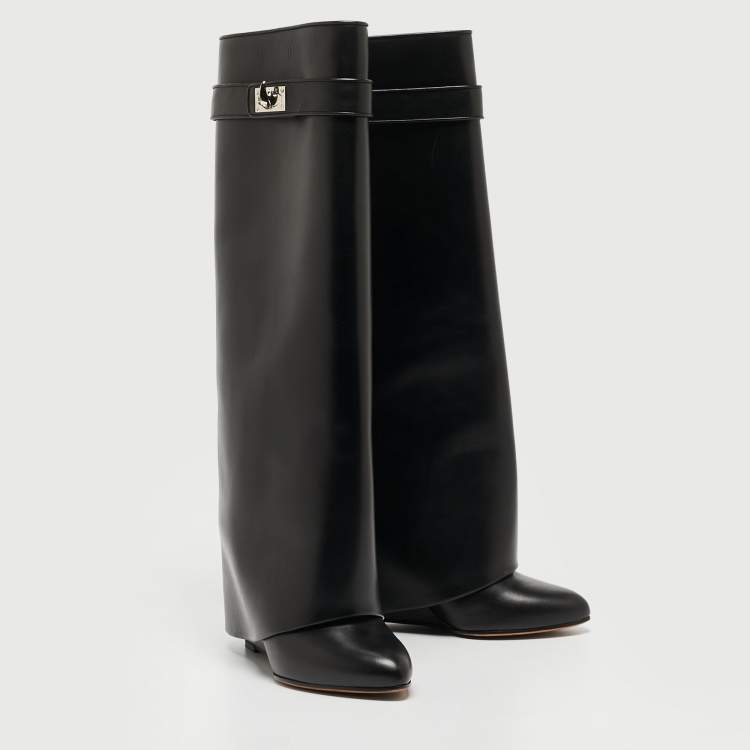 Pre Owned Givenchy Black Leather Shark Lock Knee High Boots Size 37