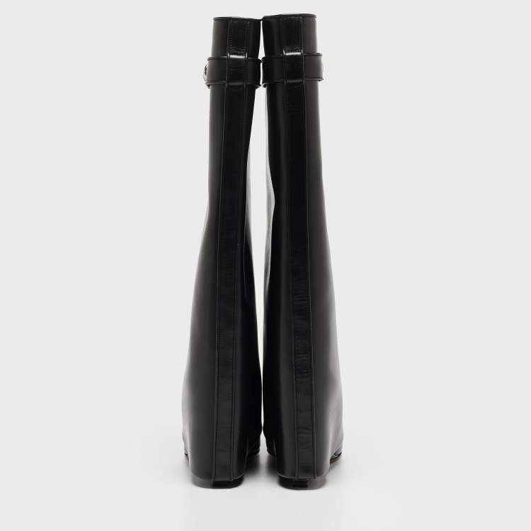 Pre Owned Givenchy Black Leather Shark Lock Knee High Boots Size 37