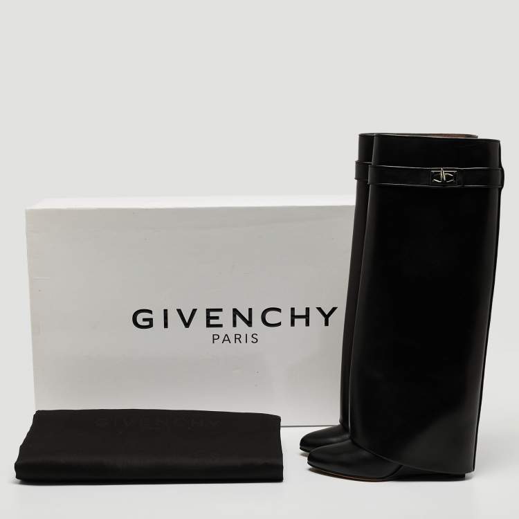 Pre Owned Givenchy Black Leather Shark Lock Knee High Boots Size 37