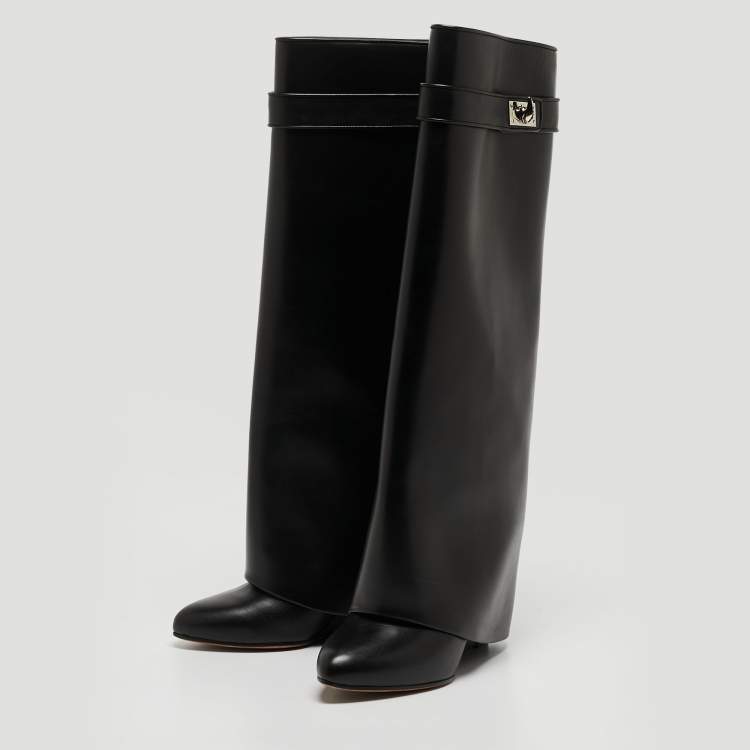 Pre Owned Givenchy Black Leather Shark Lock Knee High Boots Size 37