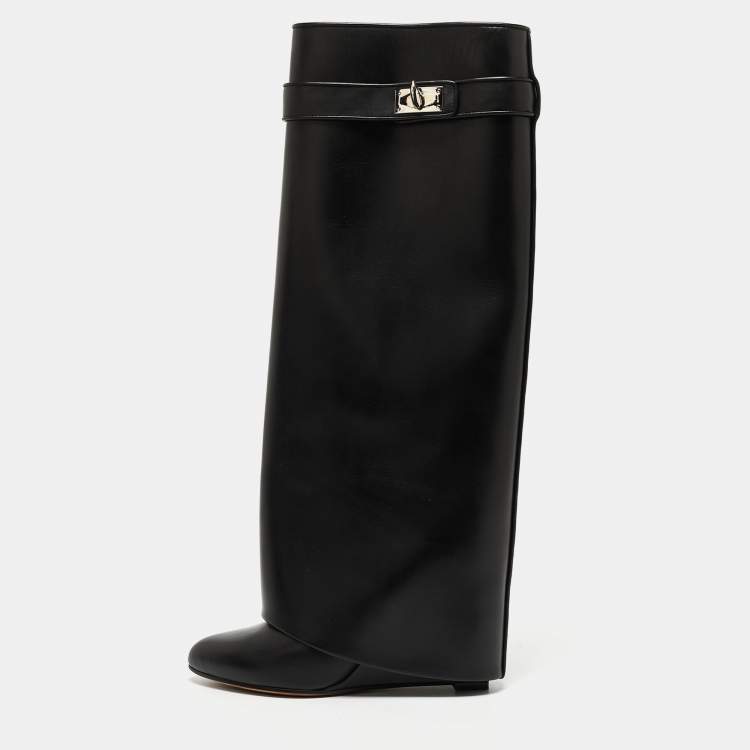Pre Owned Givenchy Black Leather Shark Lock Knee High Boots Size 37