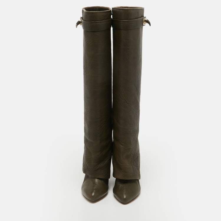 Pre Owned Givenchy Olive Green Leather Shark Lock Knee Length Boots Size 35