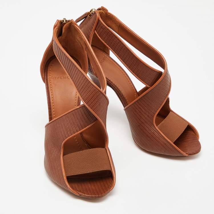 Pre Owned Givenchy Brown Textured Leather Cross Ankle Strap Sandals Size 37