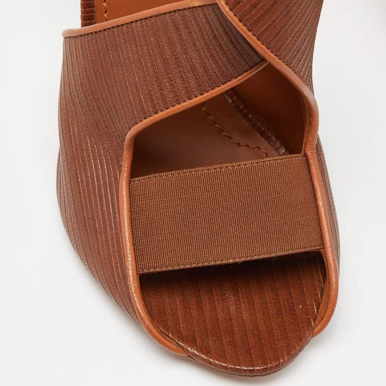 Pre Owned Givenchy Brown Textured Leather Cross Ankle Strap Sandals Size 37