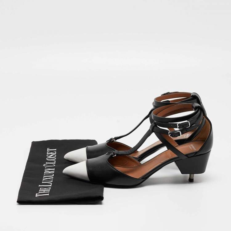 Pre Owned Givenchy Black/White Leather Pointed Toe Ankle Wrap Pumps Size 37