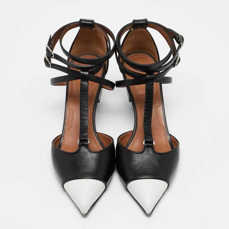 Pre Owned Givenchy Black/White Leather Pointed Toe Ankle Wrap Pumps Size 37