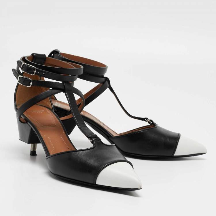 Pre Owned Givenchy Black/White Leather Pointed Toe Ankle Wrap Pumps Size 37