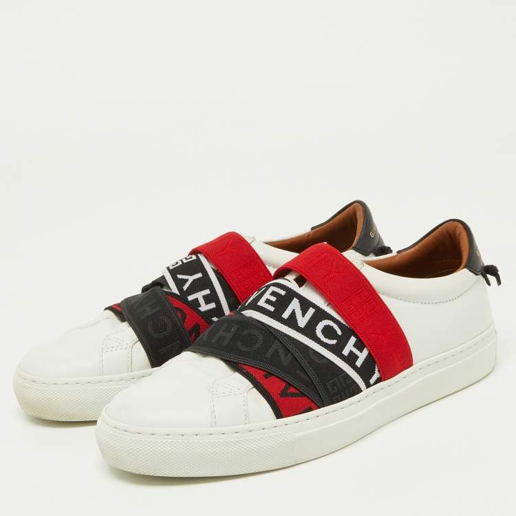 Pre Owned Givenchy White/Red Leather and Logo Stretch Band Urban Street Slip On Sneakers Size 37.5
