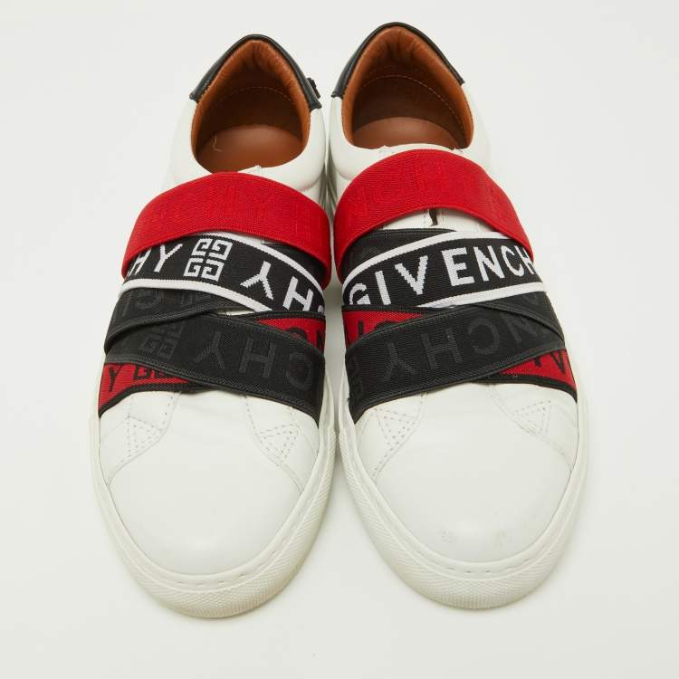 Pre Owned Givenchy White/Red Leather and Logo Stretch Band Urban Street Slip On Sneakers Size 37.5
