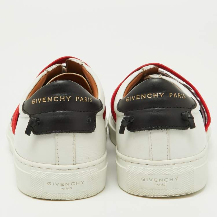 Pre Owned Givenchy White/Red Leather and Logo Stretch Band Urban Street Slip On Sneakers Size 37.5