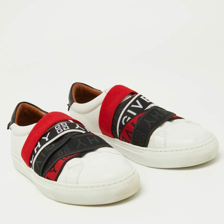 Pre Owned Givenchy White/Red Leather and Logo Stretch Band Urban Street Slip On Sneakers Size 37.5