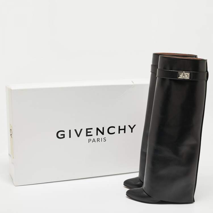 Pre Owned Givenchy Black Leather Shark Lock Knee Length Boots Size 36.5