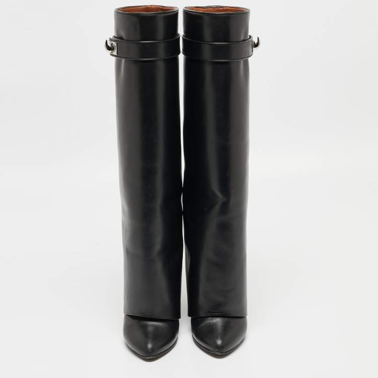 Pre Owned Givenchy Black Leather Shark Lock Knee Length Boots Size 36.5