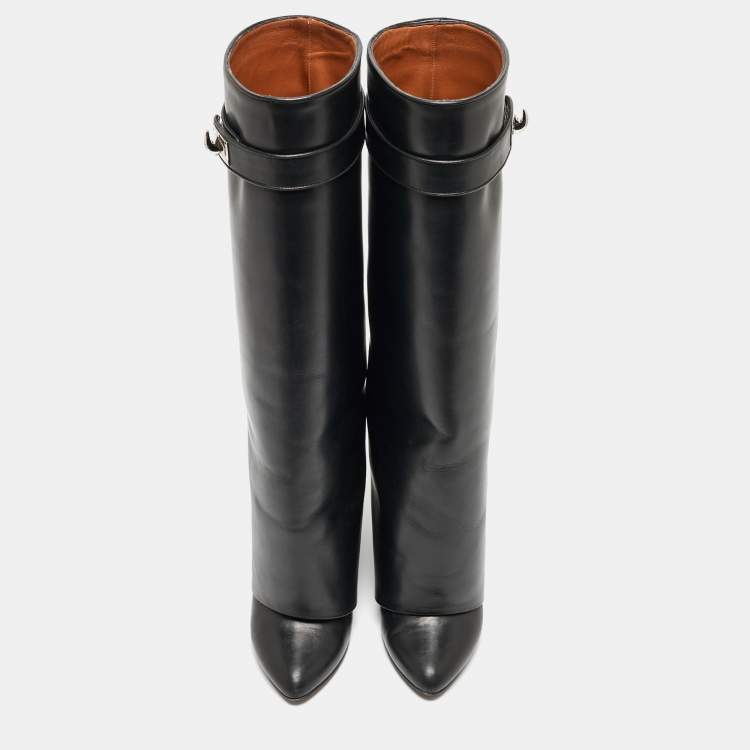 Pre Owned Givenchy Black Leather Shark Lock Knee Length Boots Size 36.5