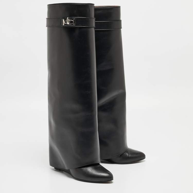 Pre Owned Givenchy Black Leather Shark Lock Knee Length Boots Size 36.5