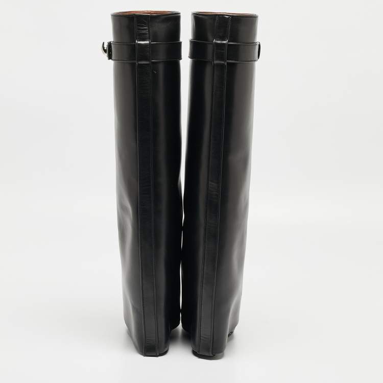 Pre Owned Givenchy Black Leather Shark Lock Knee Length Boots Size 36.5