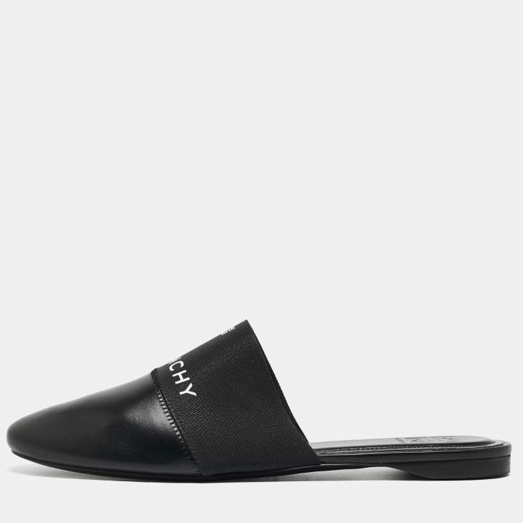 Pre Owned Givenchy Black Leather And Elastic Logo Flat Mules Size 41.5