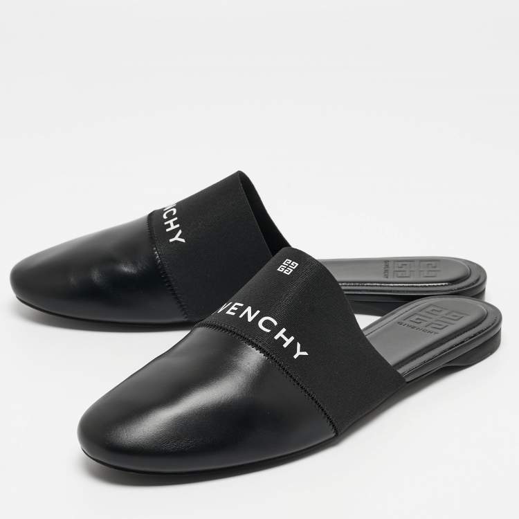 Pre Owned Givenchy Black Leather And Elastic Logo Flat Mules Size 41.5