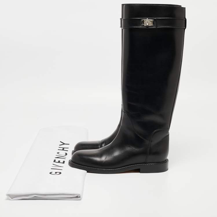 Pre Owned Givenchy Black Leather Shark Lock Knee Length Boots Size 38