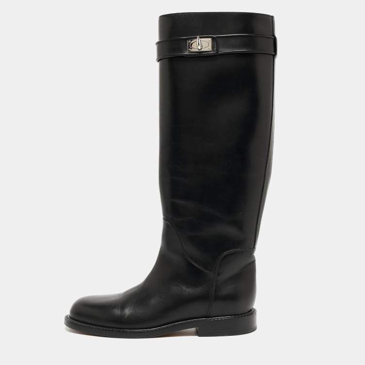 Pre Owned Givenchy Black Leather Shark Lock Knee Length Boots Size 38