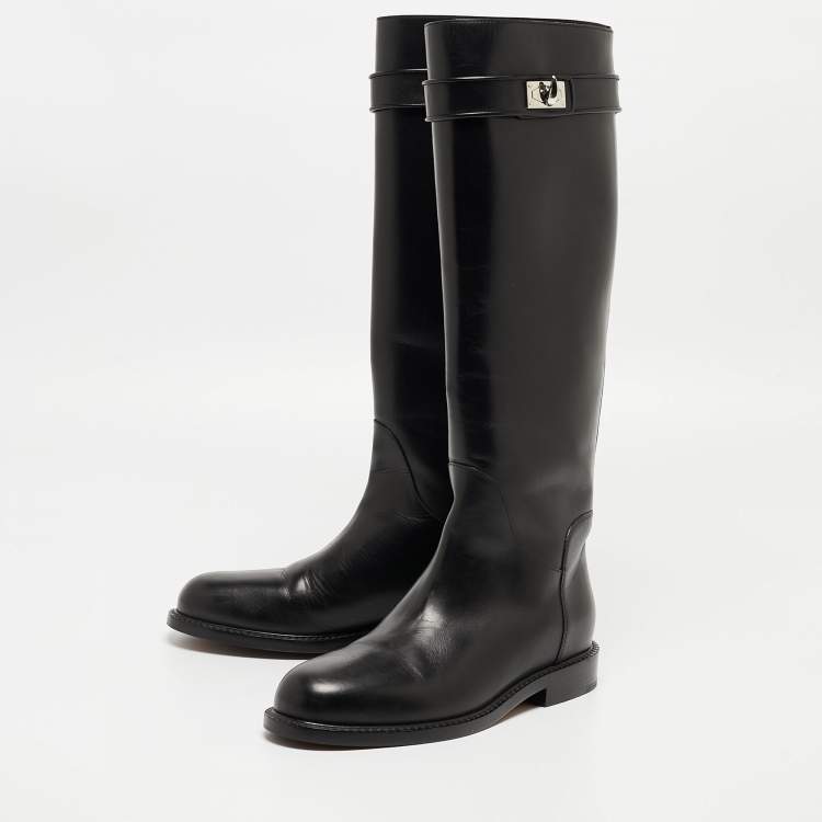 Pre Owned Givenchy Black Leather Shark Lock Knee Length Boots Size 38