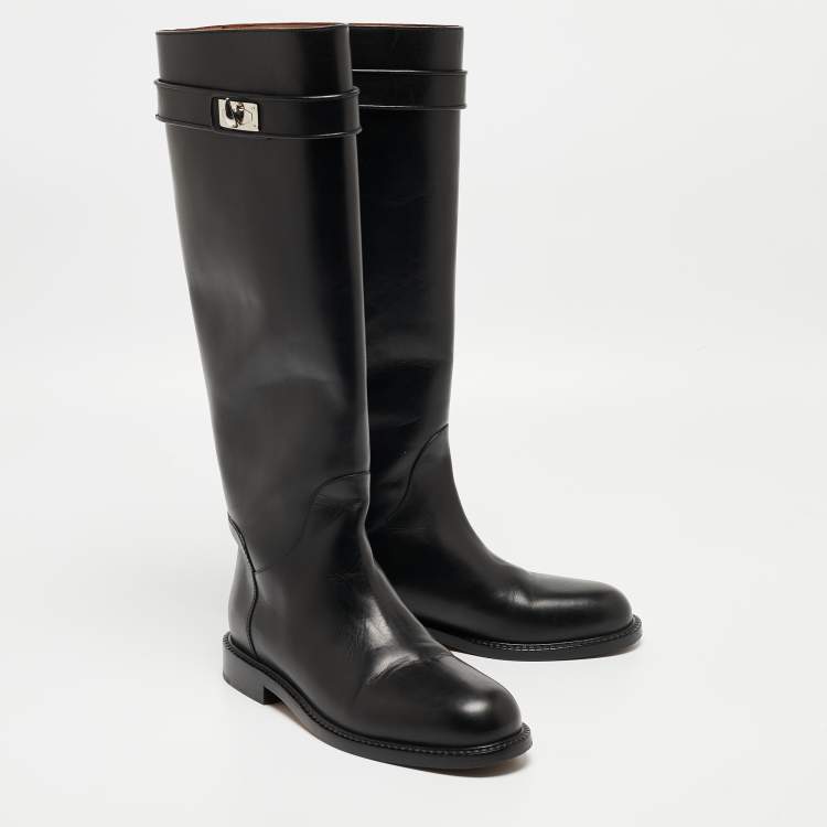 Pre Owned Givenchy Black Leather Shark Lock Knee Length Boots Size 38