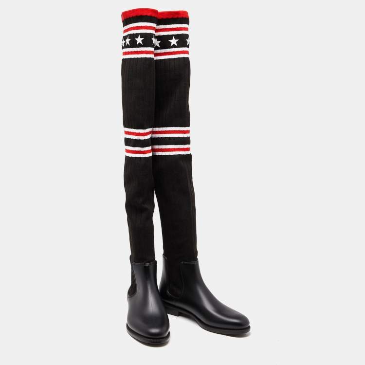 Pre Owned Givenchy Black Knit Fabric and Rubber Over The Knee Boots Size 41