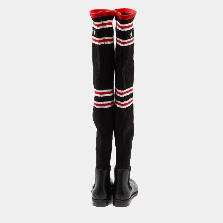 Pre Owned Givenchy Black Knit Fabric and Rubber Over The Knee Boots Size 41