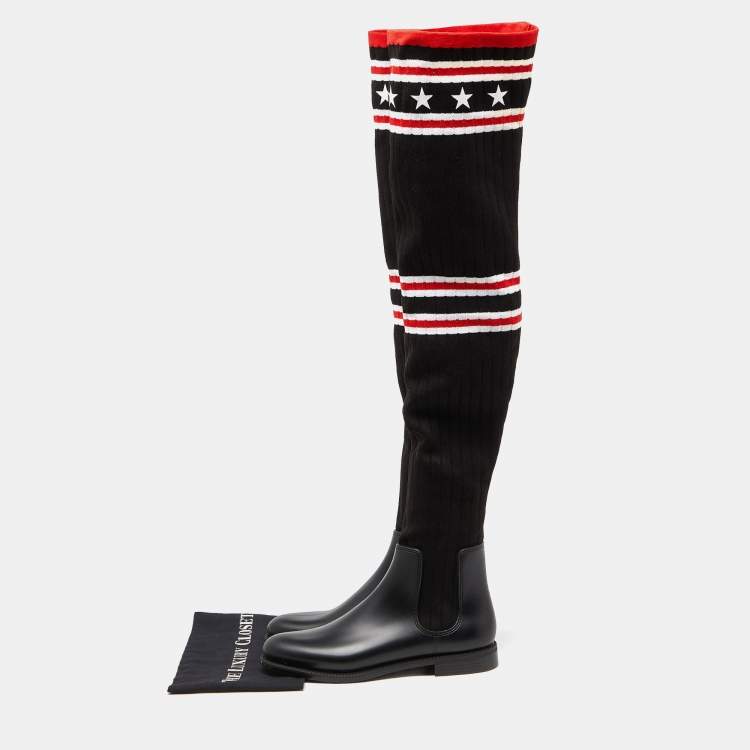 Pre Owned Givenchy Black Knit Fabric and Rubber Over The Knee Boots Size 41