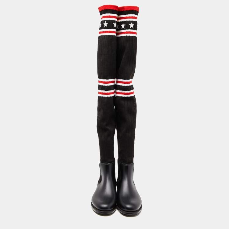 Pre Owned Givenchy Black Knit Fabric and Rubber Over The Knee Boots Size 41