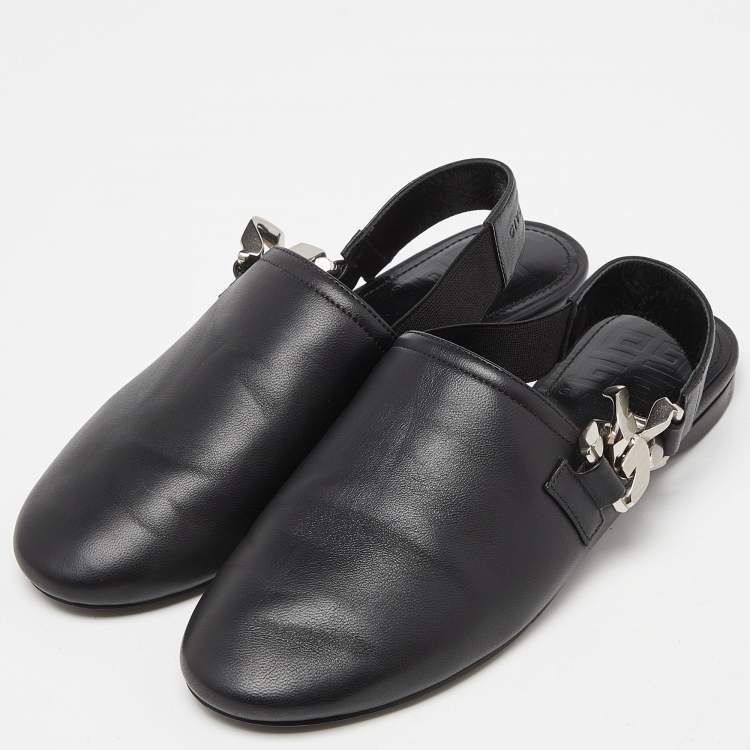 Pre Owned Givenchy Black Leather G-Chain Slingback Flat Mules Size 35