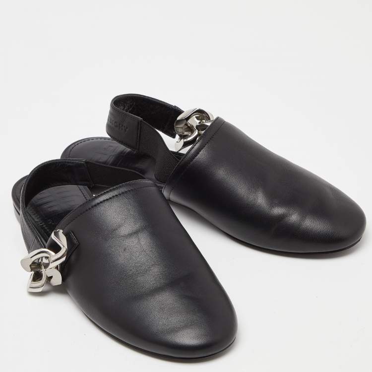 Pre Owned Givenchy Black Leather G-Chain Slingback Flat Mules Size 35