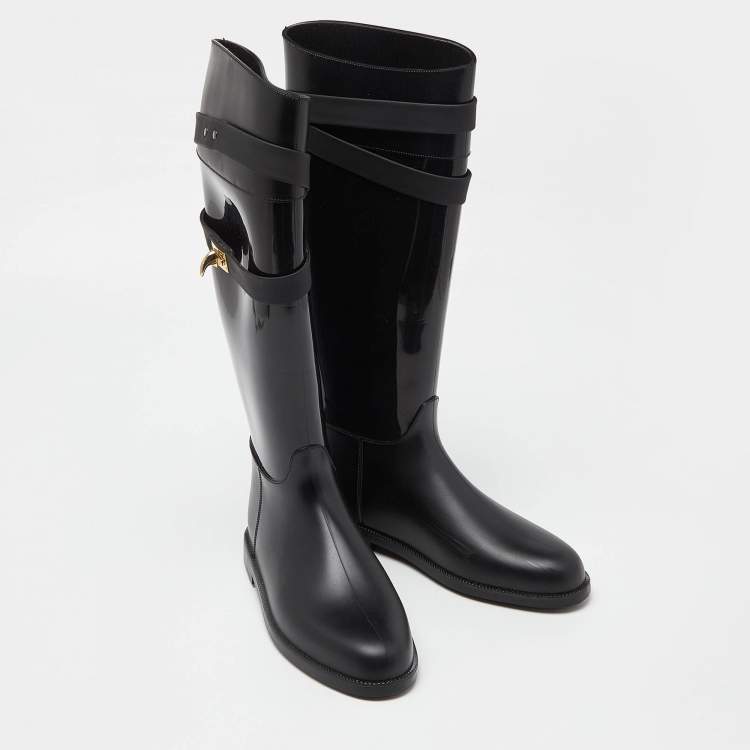 Pre Owned Givenchy Black Rubber Shark Lock Flat Knee Boots Size 39