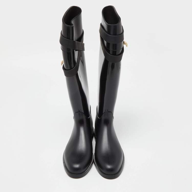 Pre Owned Givenchy Black Rubber Shark Lock Flat Knee Boots Size 39